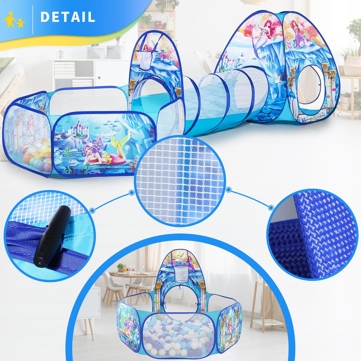 PigPigPen 3 in 1 Mermaid Play Tent – Play Tunnel, Ball Pit & Basketball Hoop for Indoor/Outdoor Kids