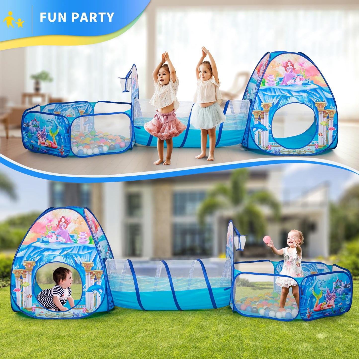 PigPigPen 3 in 1 Mermaid Play Tent – Play Tunnel, Ball Pit & Basketball Hoop for Indoor/Outdoor Kids