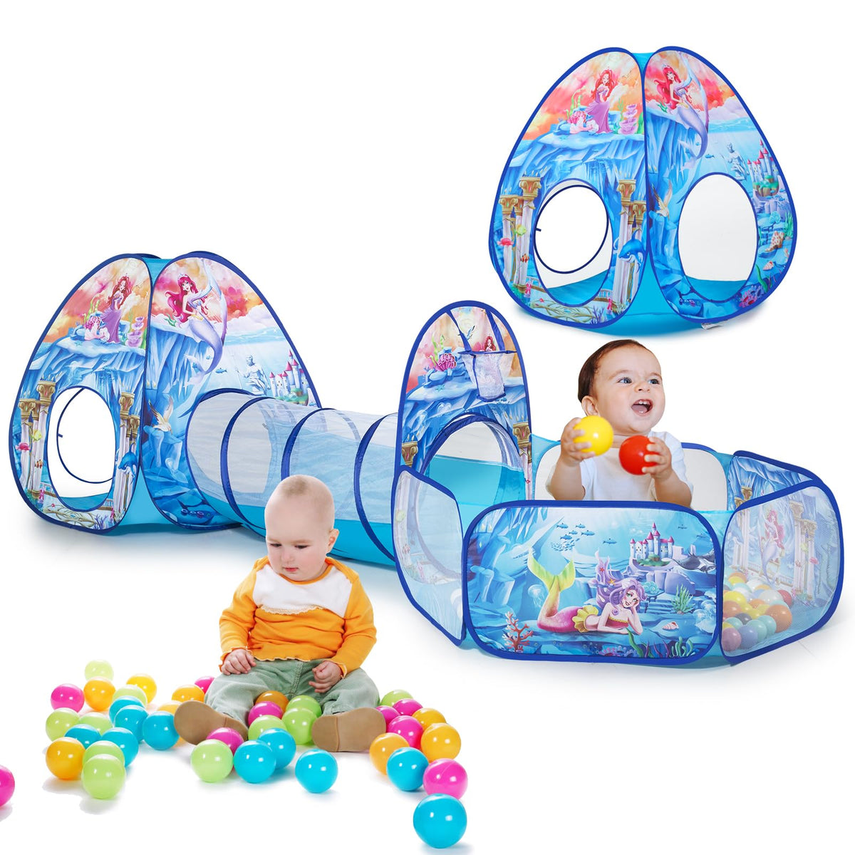 PigPigPen 3 in 1 Mermaid Play Tent – Play Tunnel, Ball Pit & Basketball Hoop for Indoor/Outdoor Kids