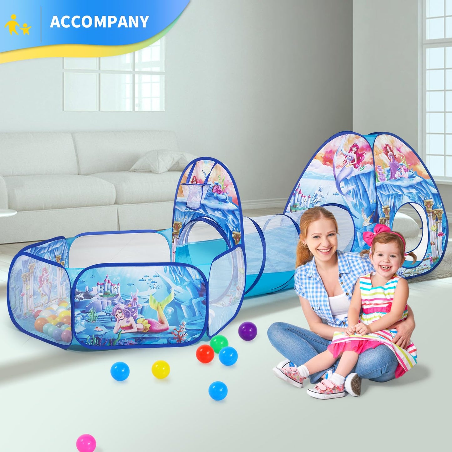 PigPigPen 3 in 1 Mermaid Play Tent – Play Tunnel, Ball Pit & Basketball Hoop for Indoor/Outdoor Kids