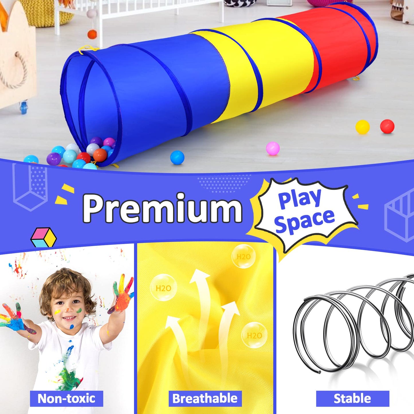 PigPigPen Pop Up Play Tunnel Tent – Indoor & Outdoor Fun for Toddlers, Babies & Dogs (Red, Yellow & Blue)