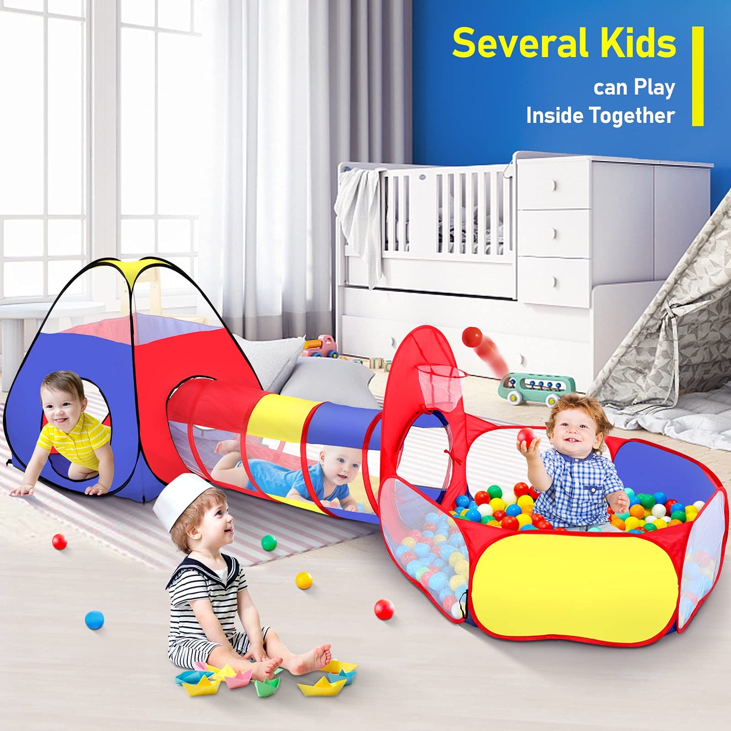 PigPigPen 3 in 1 Kids Play Tent – Pop Up Playhouse with Tunnel, Ball Pit & Basketball Hoop