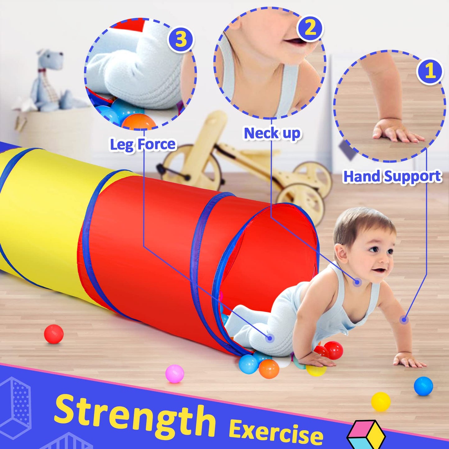 PigPigPen Pop Up Play Tunnel Tent – Indoor & Outdoor Fun for Toddlers, Babies & Dogs (Red, Yellow & Blue)