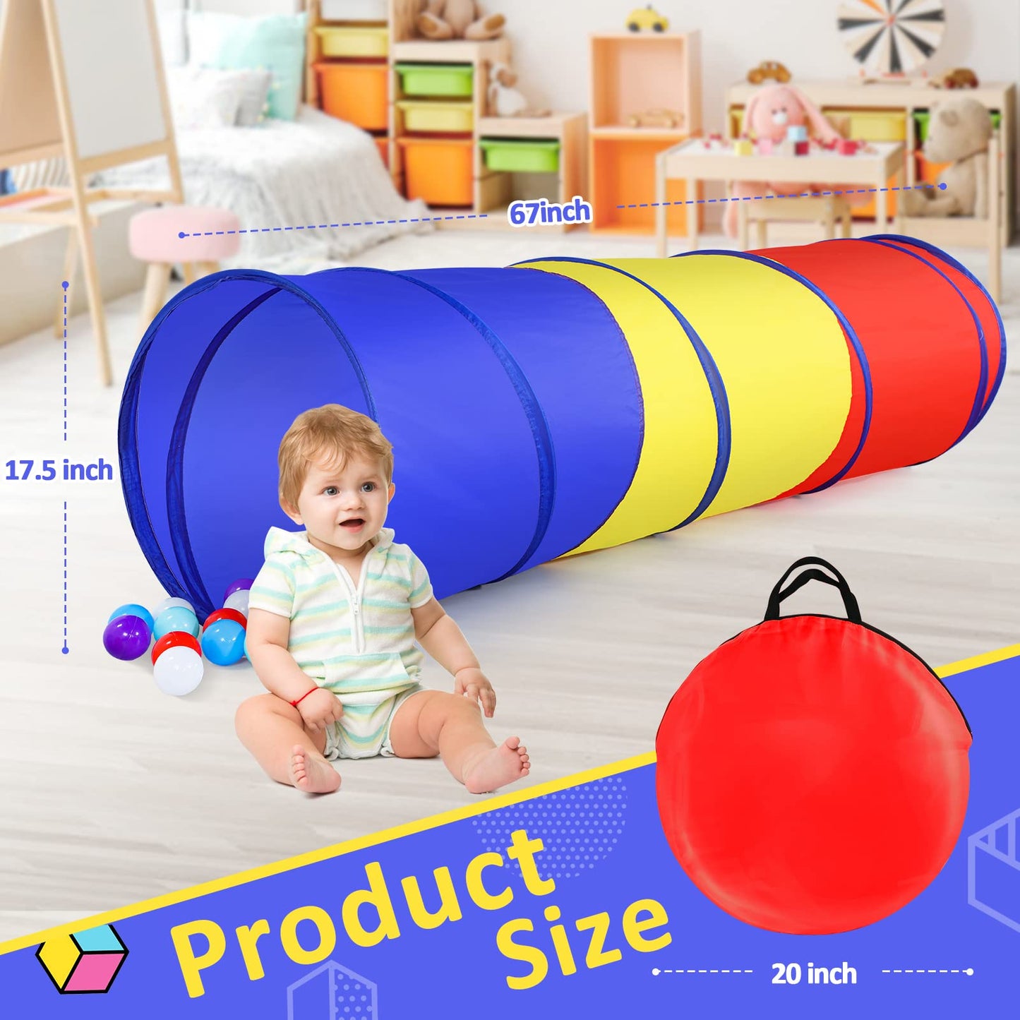 PigPigPen Pop Up Play Tunnel Tent – Indoor & Outdoor Fun for Toddlers, Babies & Dogs (Red, Yellow & Blue)