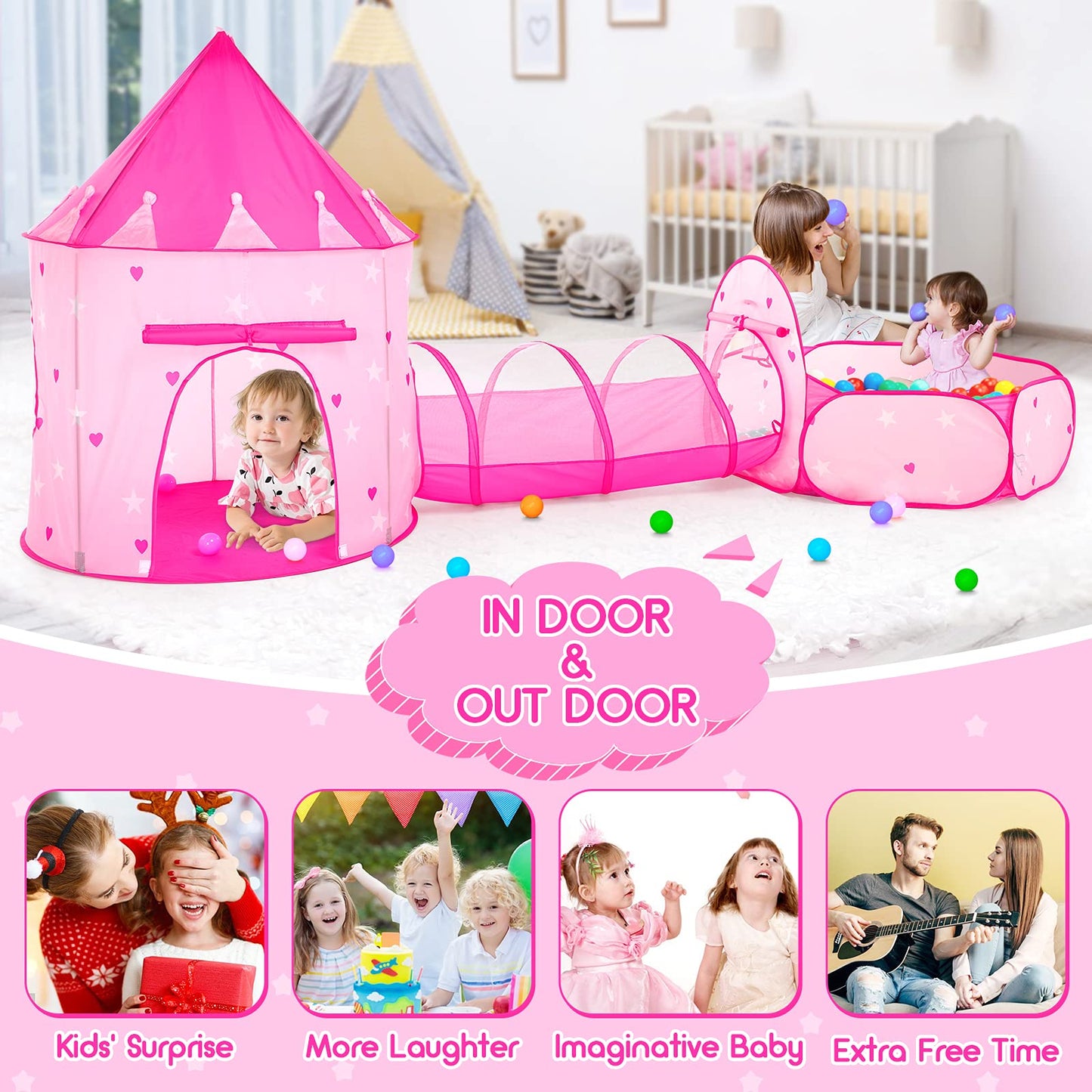 PigPigPen 3pc Kids Play Tent: Space World 3-in-1 Playset with Ball Pit, Tunnel & Princess Tent