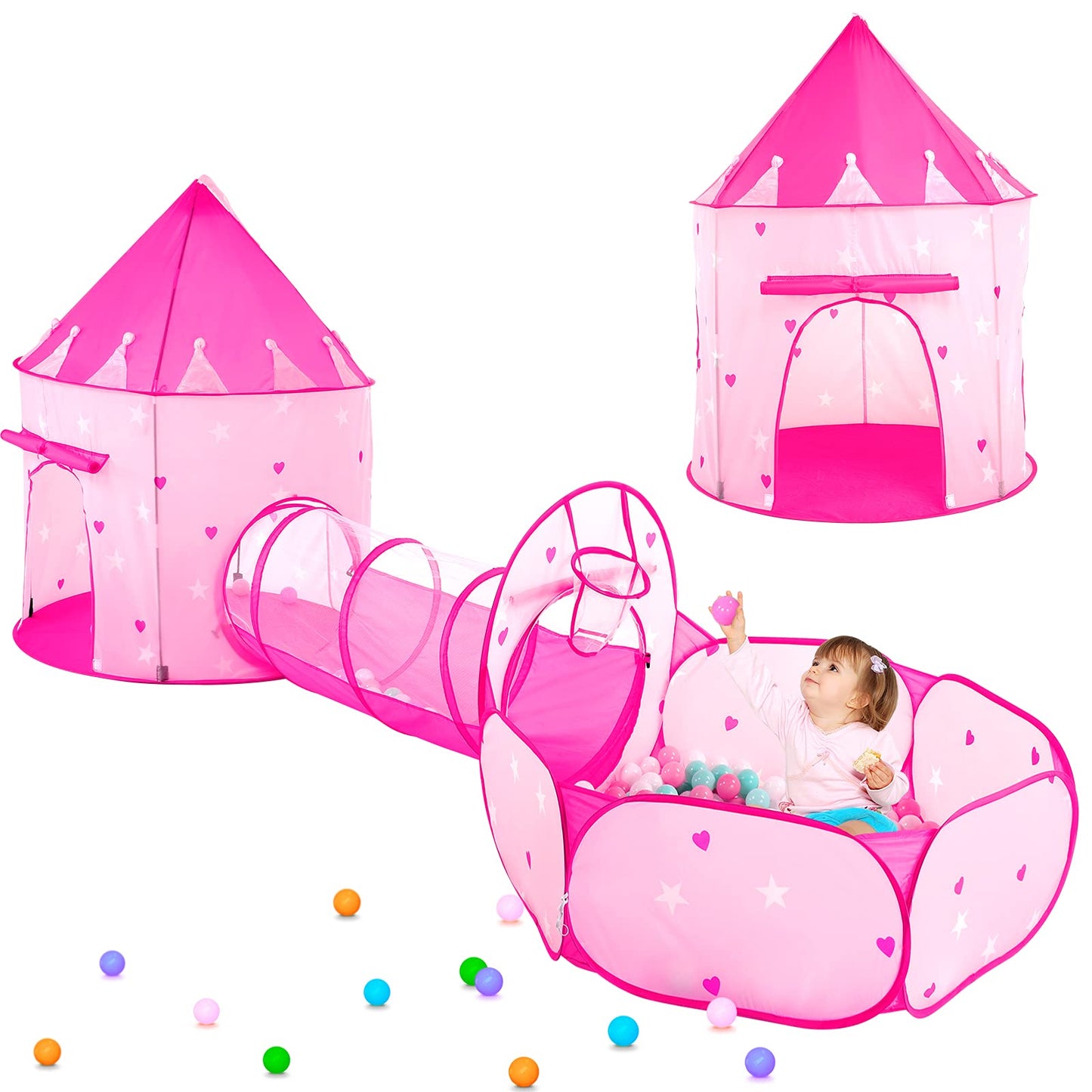 PigPigPen 3pc Kids Play Tent: Space World 3-in-1 Playset with Ball Pit, Tunnel & Princess Tent