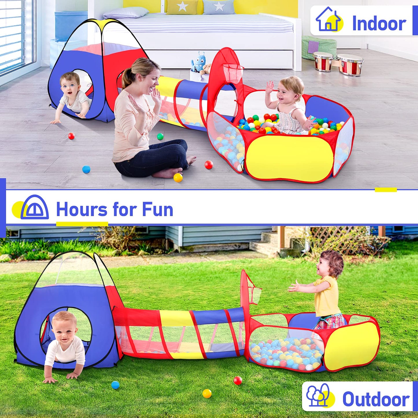 PigPigPen 3 in 1 Kids Play Tent – Pop Up Playhouse with Tunnel, Ball Pit & Basketball Hoop