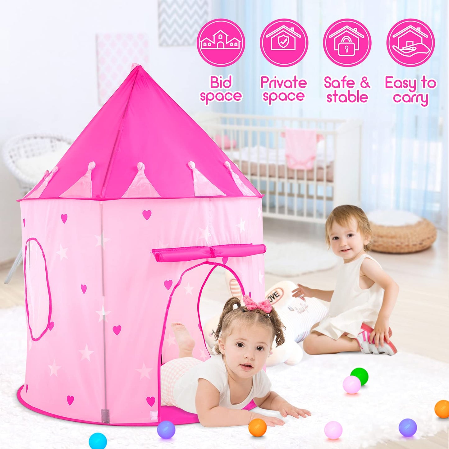 PigPigPen 3pc Kids Play Tent: Space World 3-in-1 Playset with Ball Pit, Tunnel & Princess Tent