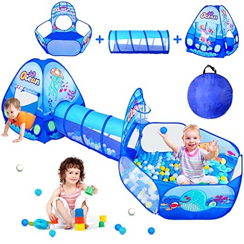 PigPigPen 3 in 1 Kids Play Tent with Tunnel, Ball Pit & Basketball Hoop | Indoor/Outdoor Toy
