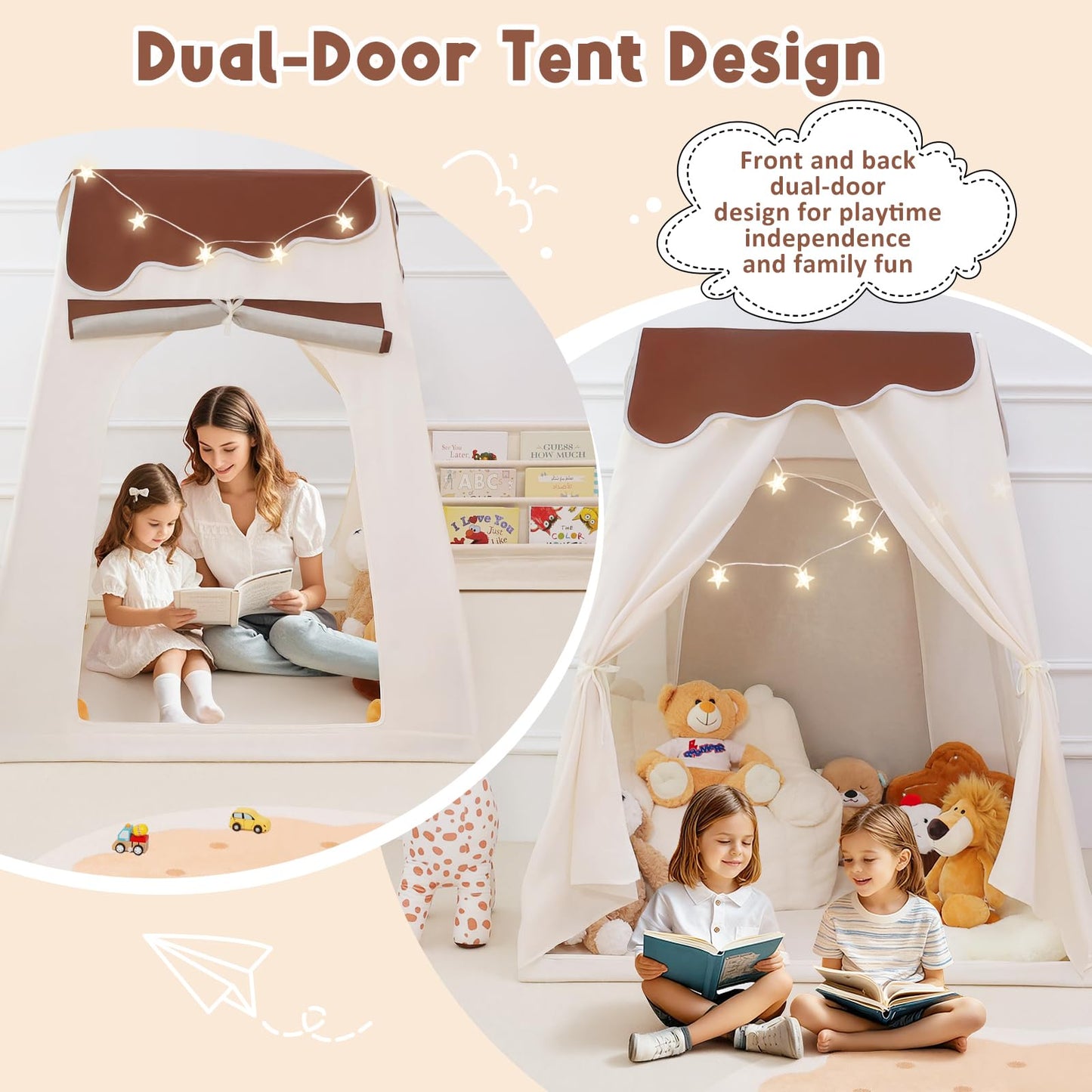 PIIKAGO Frustum Design Kids Play Tent with Star Lights | Dual-Door Indoor Playhouse for Ages 4-8