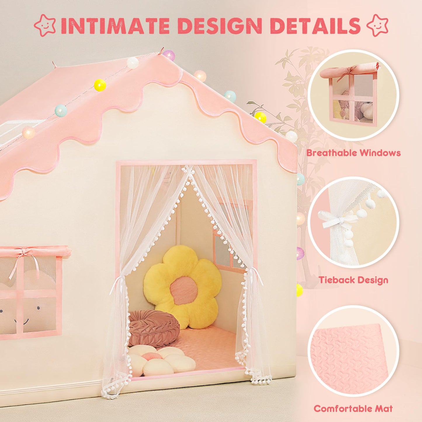PIIKAGO Play Tent for Kids – Large Pink Indoor Playhouse with Ball Lights (57 in x 35 in x 47 in)