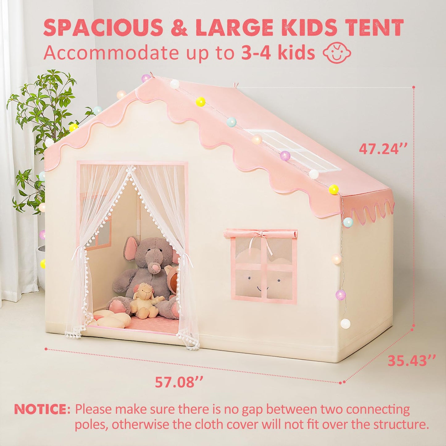 PIIKAGO Play Tent for Kids – Large Pink Indoor Playhouse with Ball Lights (57 in x 35 in x 47 in)
