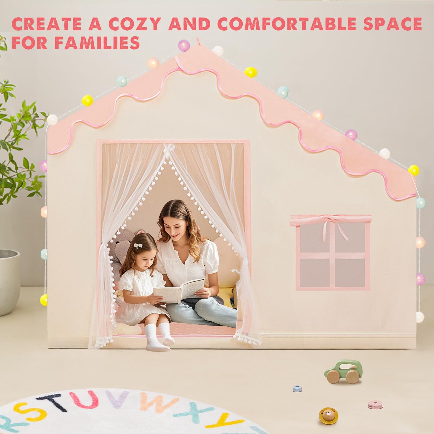 PIIKAGO Play Tent for Kids – Large Pink Indoor Playhouse with Ball Lights (57 in x 35 in x 47 in)