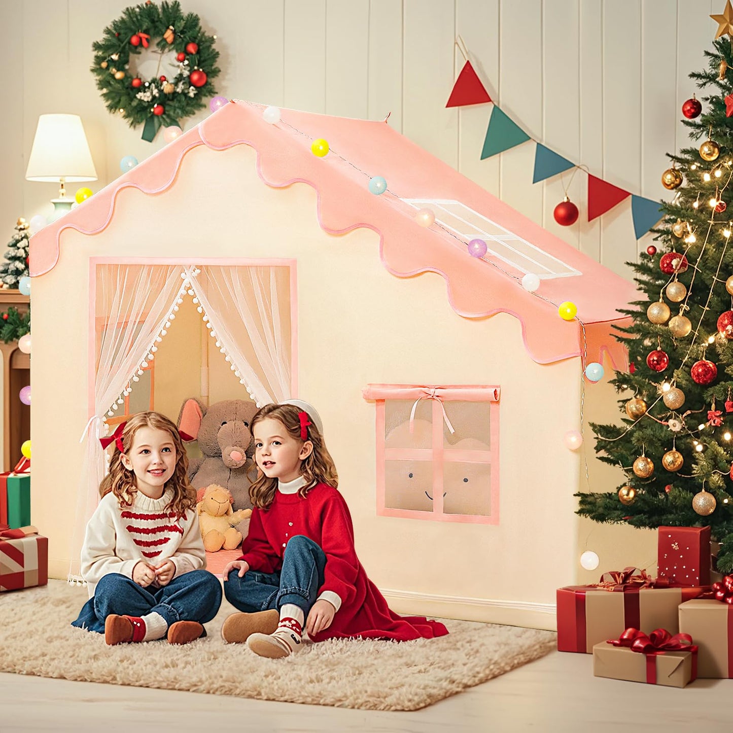 PIIKAGO Play Tent for Kids – Large Pink Indoor Playhouse with Ball Lights (57 in x 35 in x 47 in)