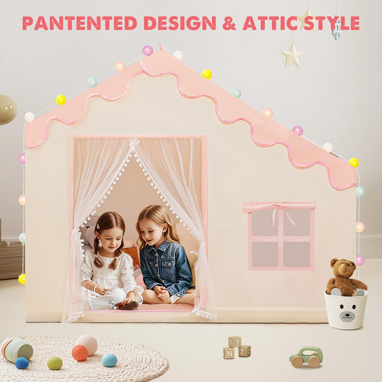 PIIKAGO Play Tent for Kids – Large Pink Indoor Playhouse with Ball Lights (57 in x 35 in x 47 in)
