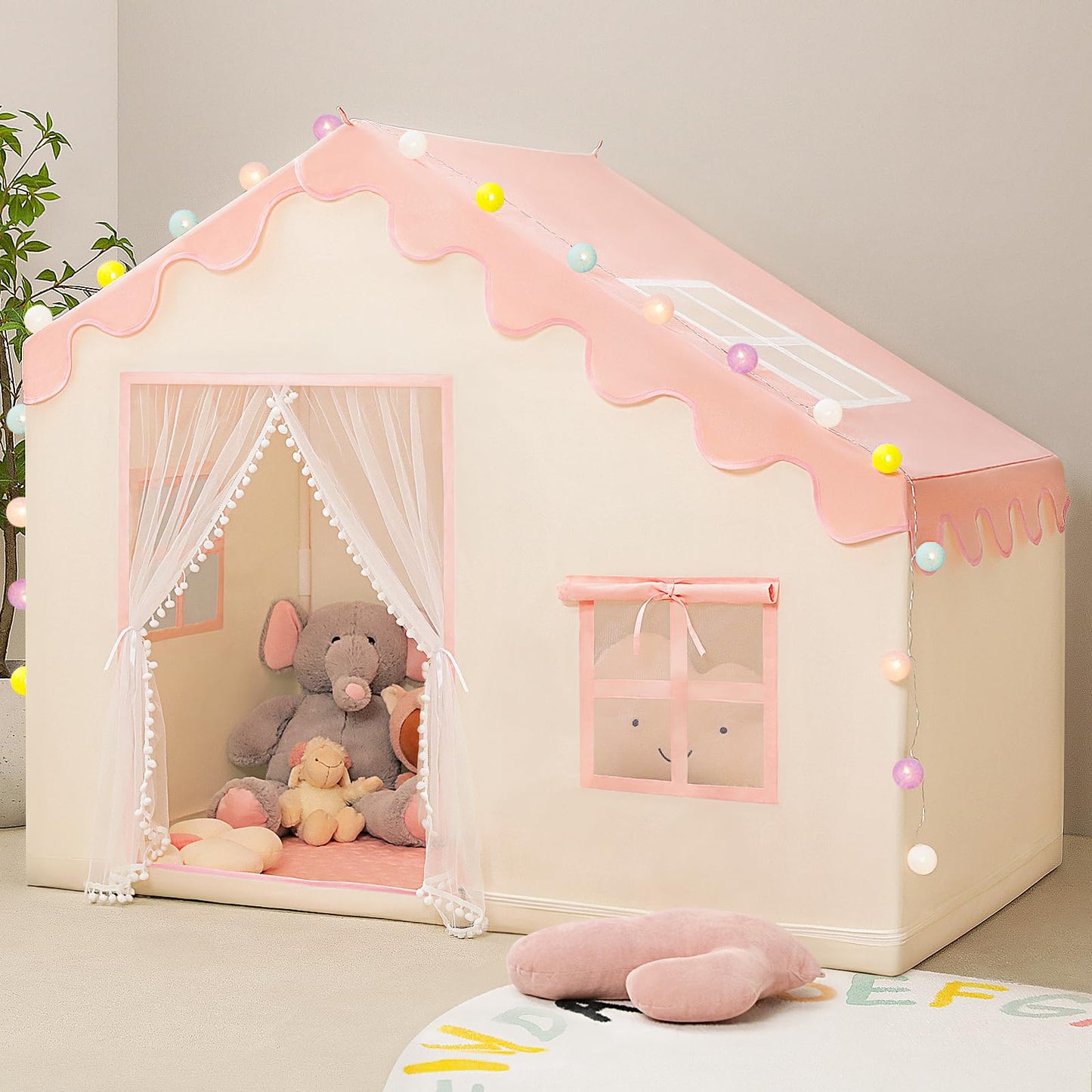 PIIKAGO Play Tent for Kids – Large Pink Indoor Playhouse with Ball Lights (57 in x 35 in x 47 in)