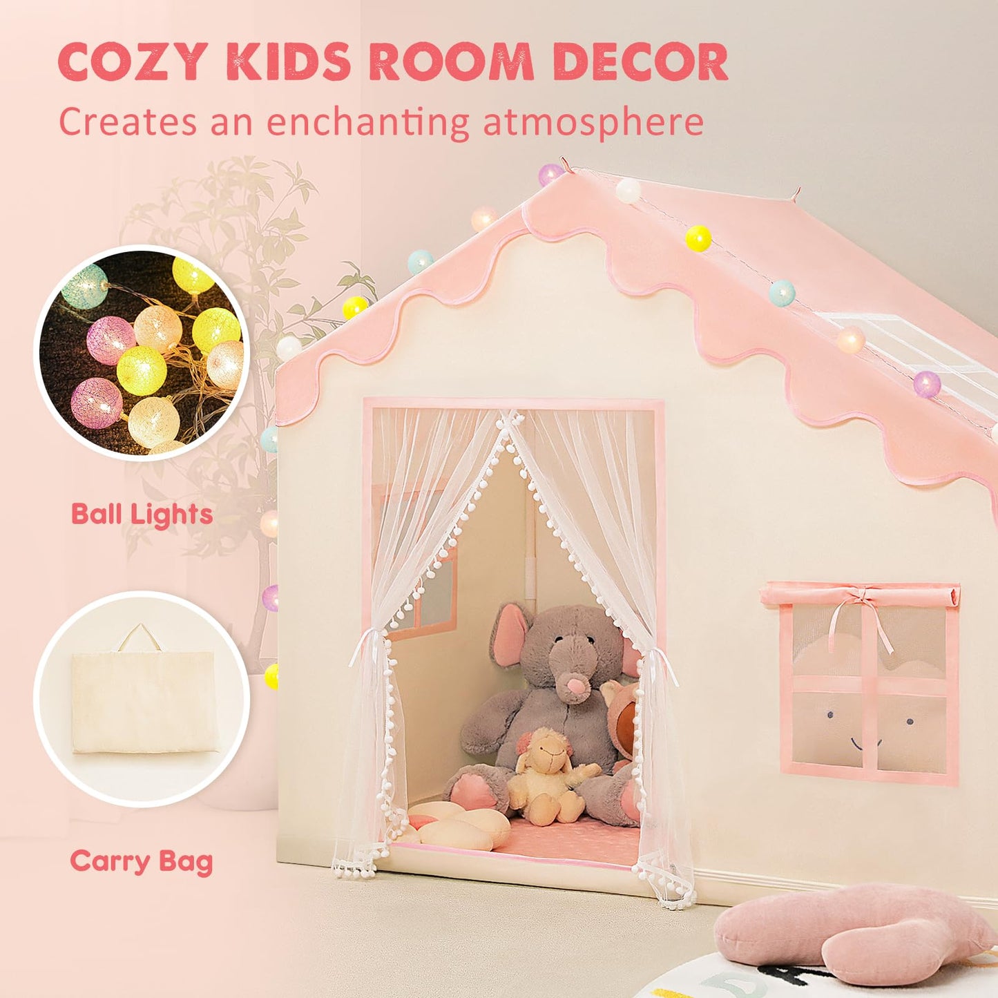 PIIKAGO Play Tent for Kids – Large Pink Indoor Playhouse with Ball Lights (57 in x 35 in x 47 in)