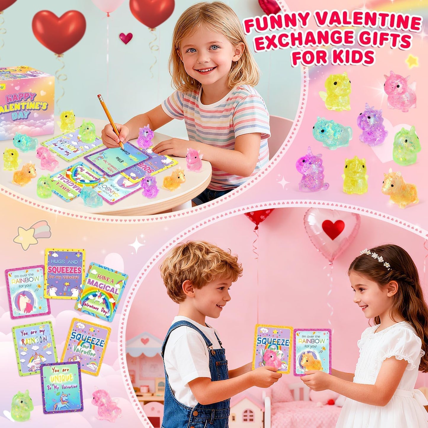 Pikebu Unicorn Valentines Day Cards & 24 Squeeze Toys | Classroom Party Favors