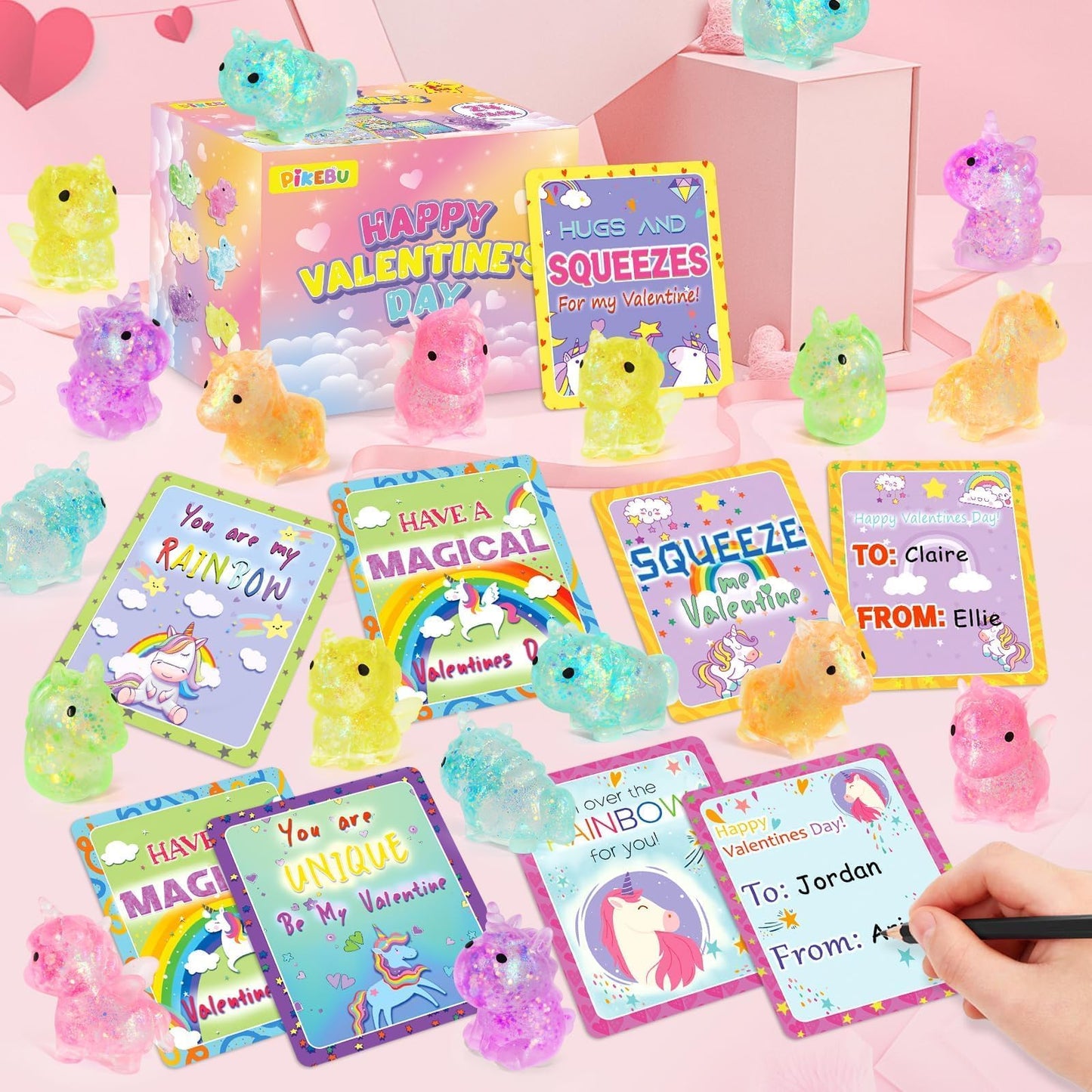 Pikebu Unicorn Valentines Day Cards & 24 Squeeze Toys | Classroom Party Favors