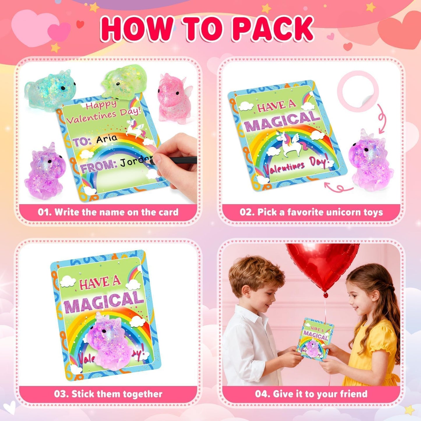 Pikebu Unicorn Valentines Day Cards & 24 Squeeze Toys | Classroom Party Favors