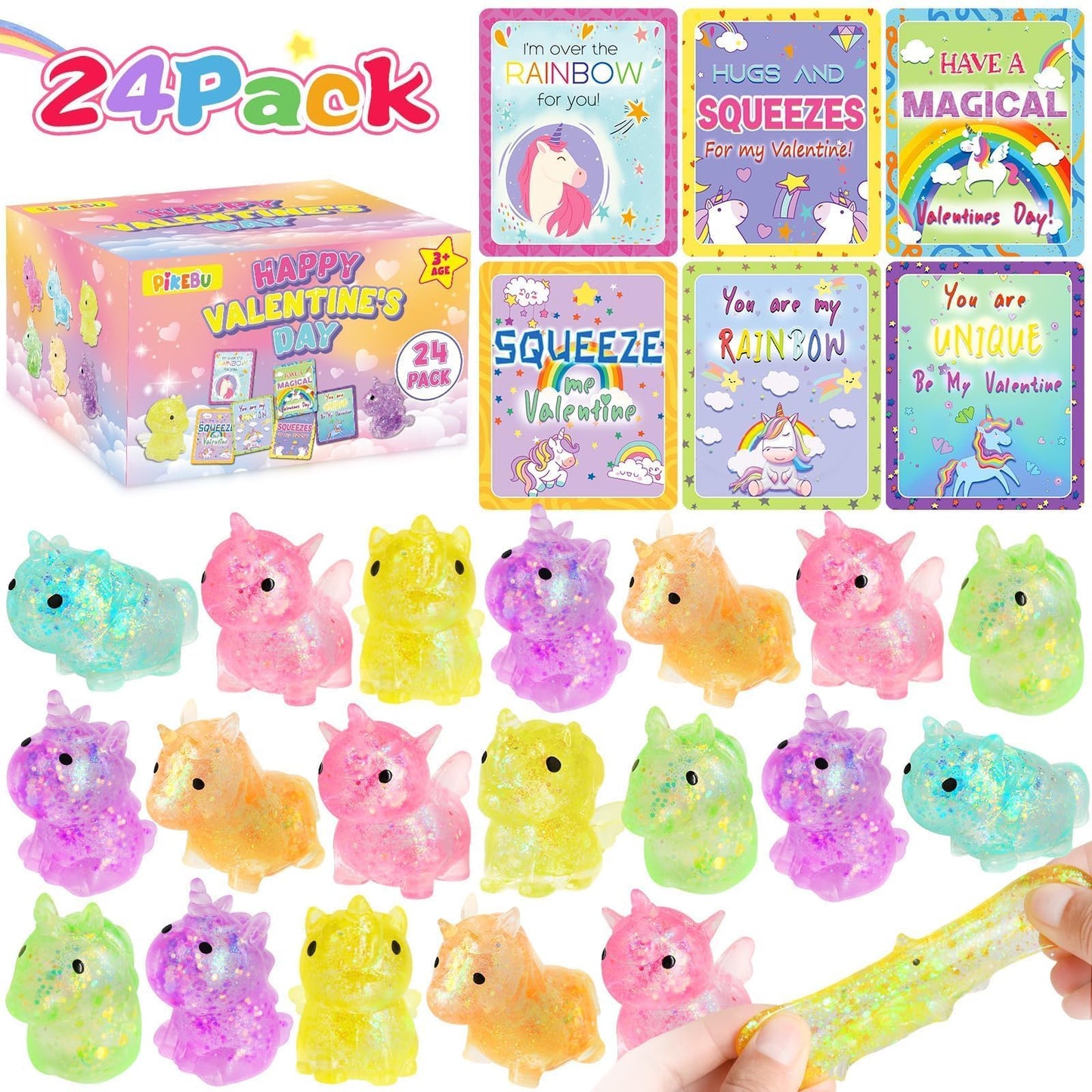Pikebu Unicorn Valentines Day Cards & 24 Squeeze Toys | Classroom Party Favors