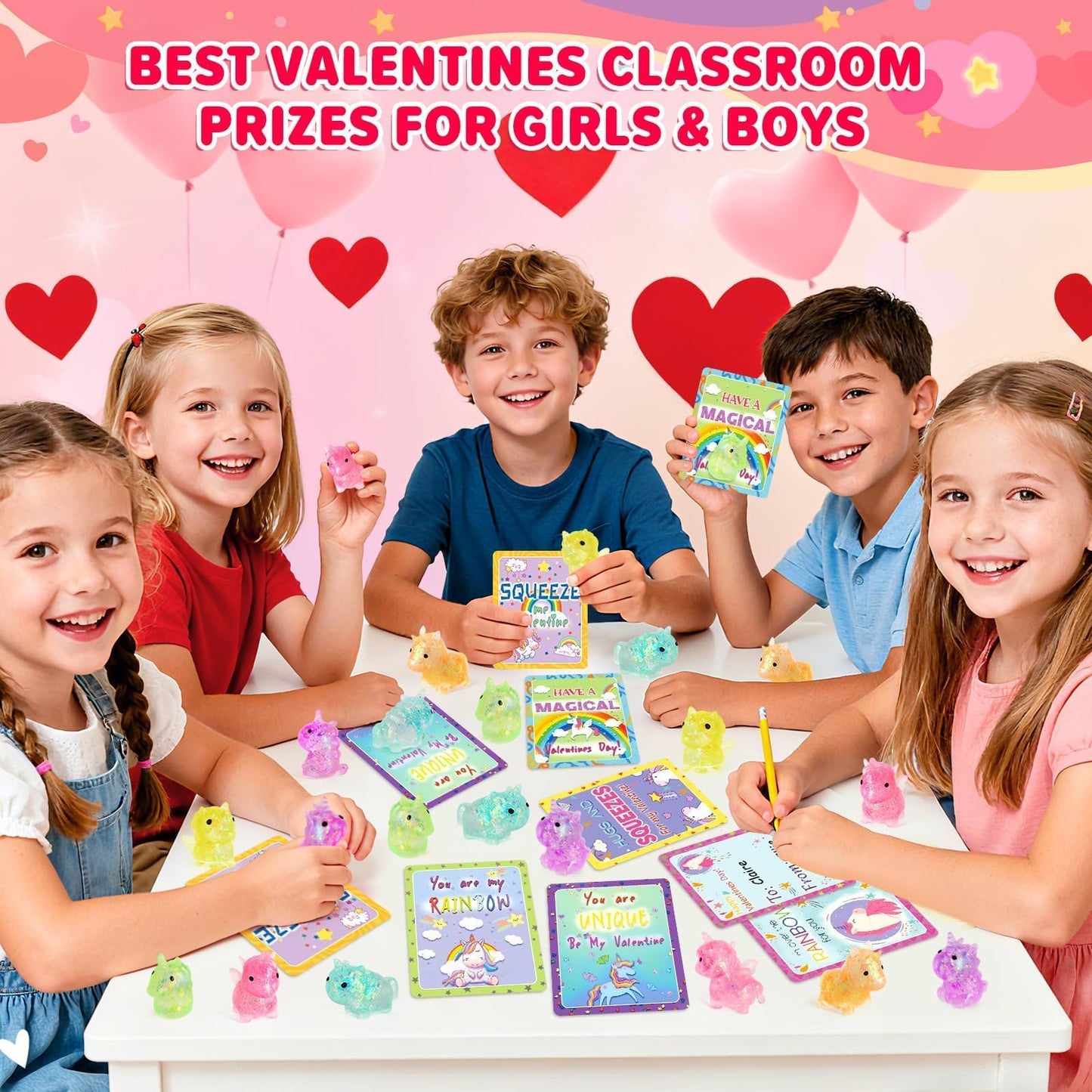 Pikebu Unicorn Valentines Day Cards & 24 Squeeze Toys | Classroom Party Favors