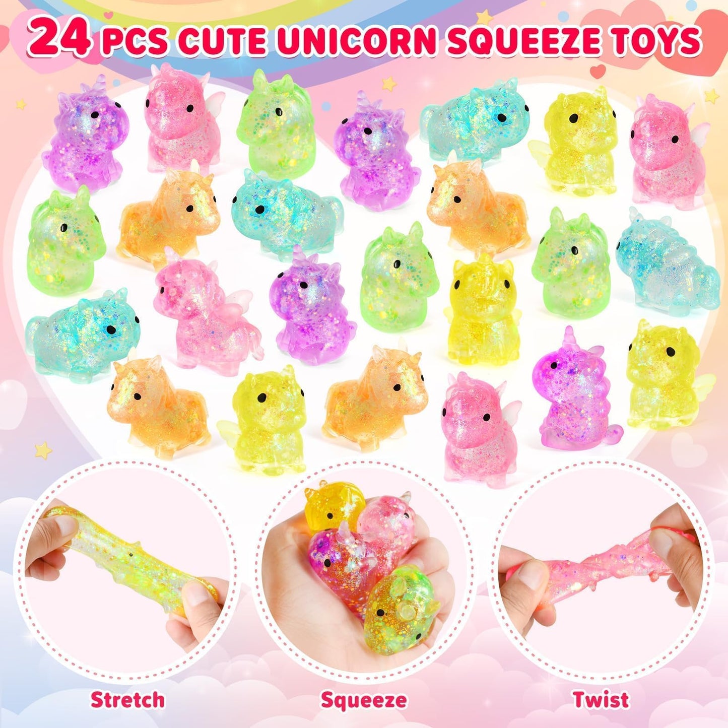 Pikebu Unicorn Valentines Day Cards & 24 Squeeze Toys | Classroom Party Favors