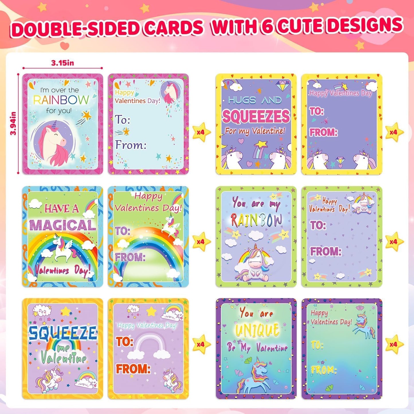 Pikebu Unicorn Valentines Day Cards & 24 Squeeze Toys | Classroom Party Favors
