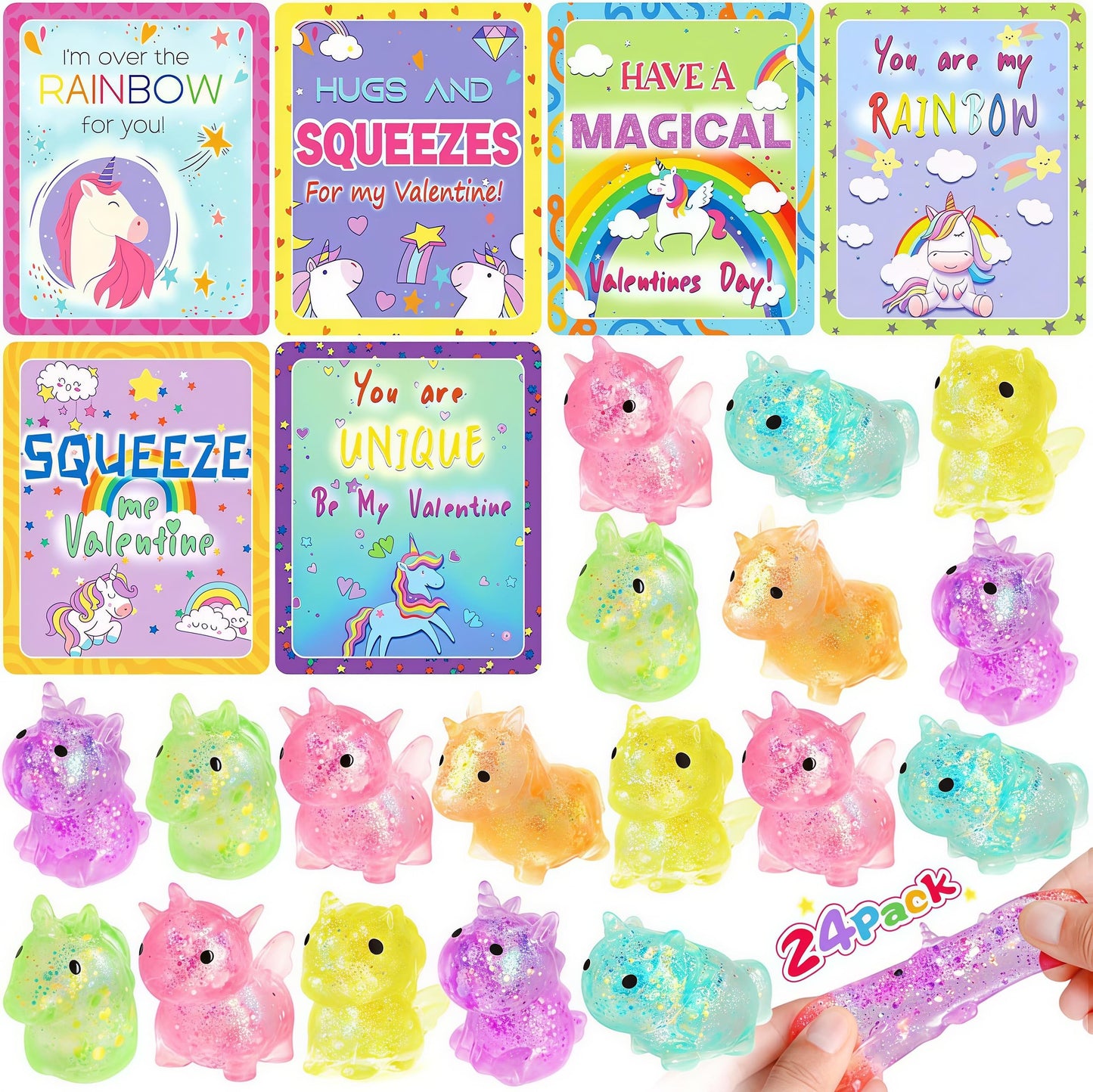 Pikebu Unicorn Valentines Day Cards & 24 Squeeze Toys | Classroom Party Favors