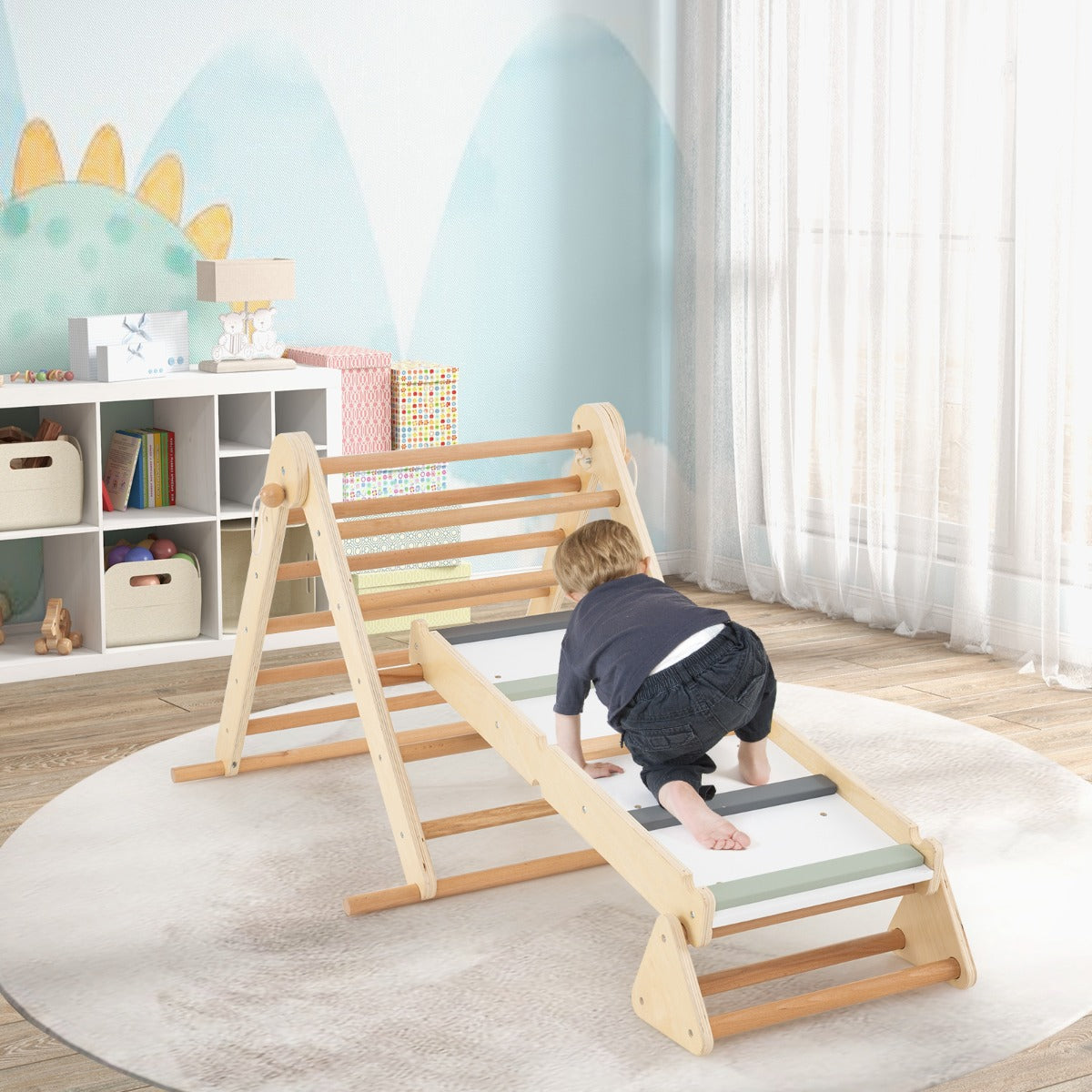 3-in-1 Pikler Triangle Climbing Set with Dual-Side Ramp and Adjustable Climbing Triangle-Natural