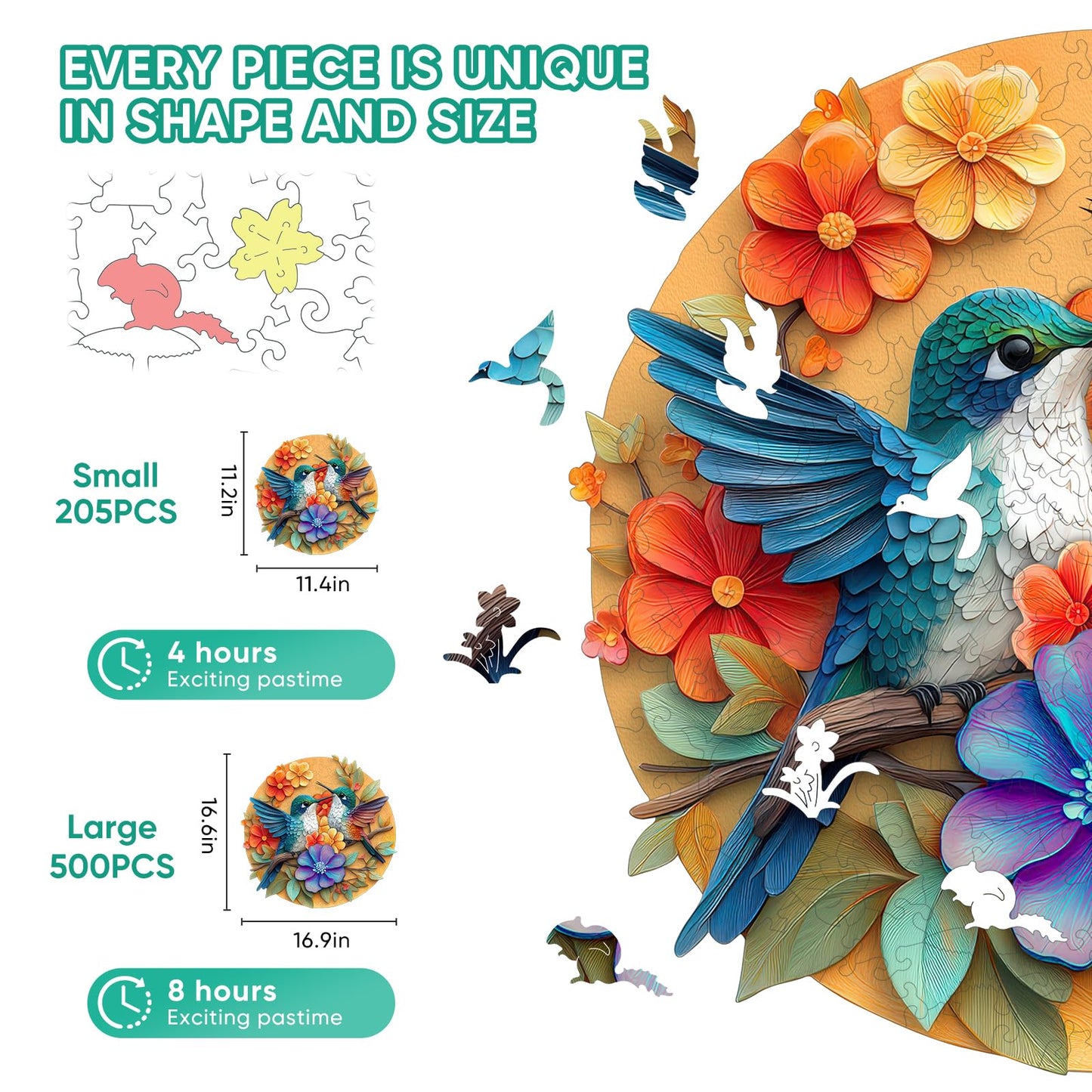 Pikoqunc Hummingbird Wooden Puzzle for Adults – 500 Pieces, Premium Wood