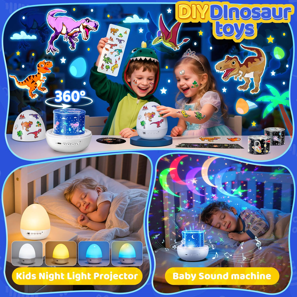 PIKOY Dinosaur Egg Light – 5-in-1 Star Projector, Sleep Sounds, 12 Slides, 7 Colors, 360° Rotation