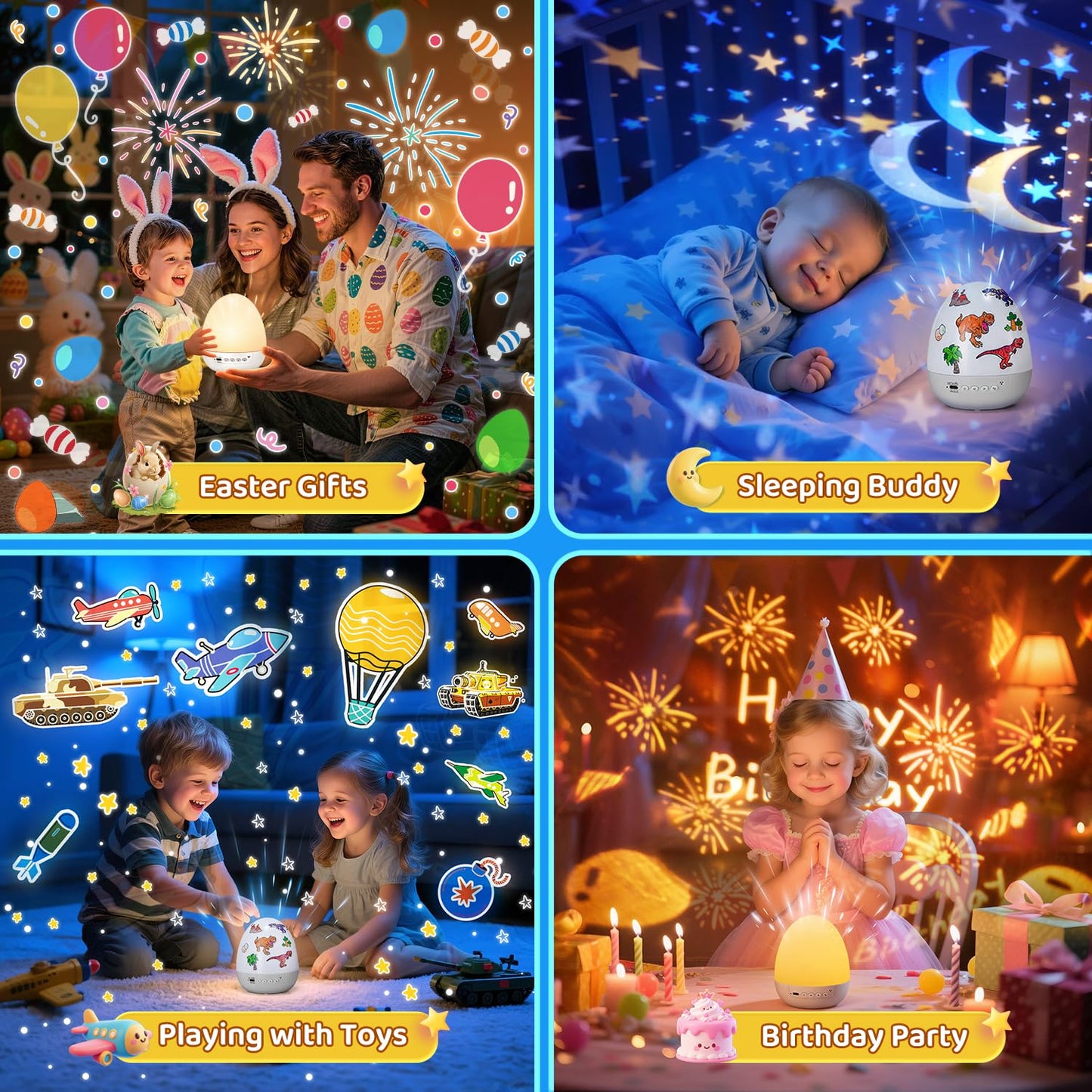 PIKOY Dinosaur Egg Light – 5-in-1 Star Projector, Sleep Sounds, 12 Slides, 7 Colors, 360° Rotation