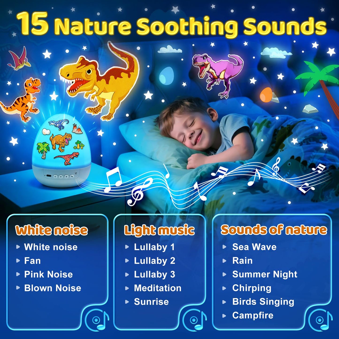 PIKOY Dinosaur Egg Light – 5-in-1 Star Projector, Sleep Sounds, 12 Slides, 7 Colors, 360° Rotation
