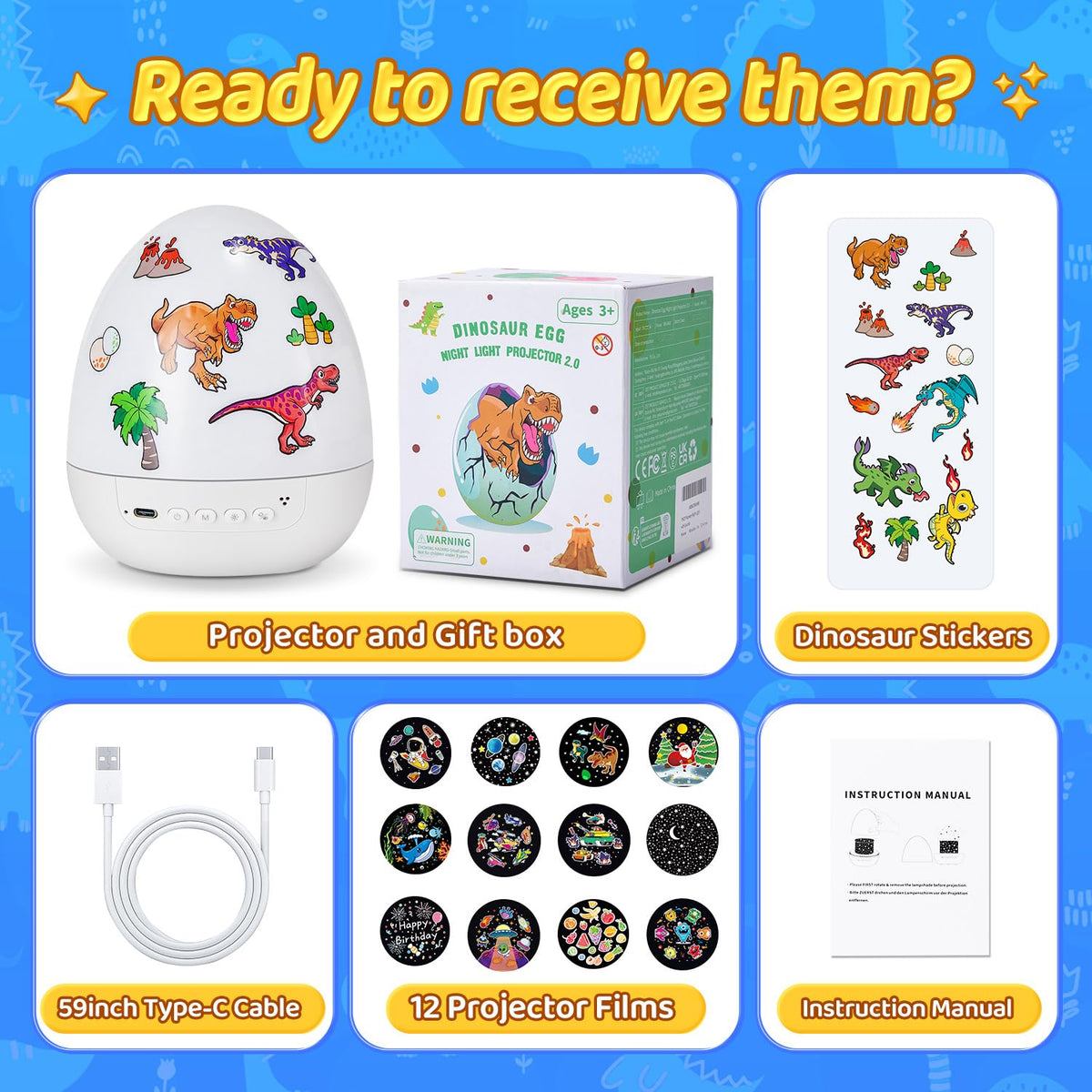 PIKOY Dinosaur Egg Light – 5-in-1 Star Projector, Sleep Sounds, 12 Slides, 7 Colors, 360° Rotation