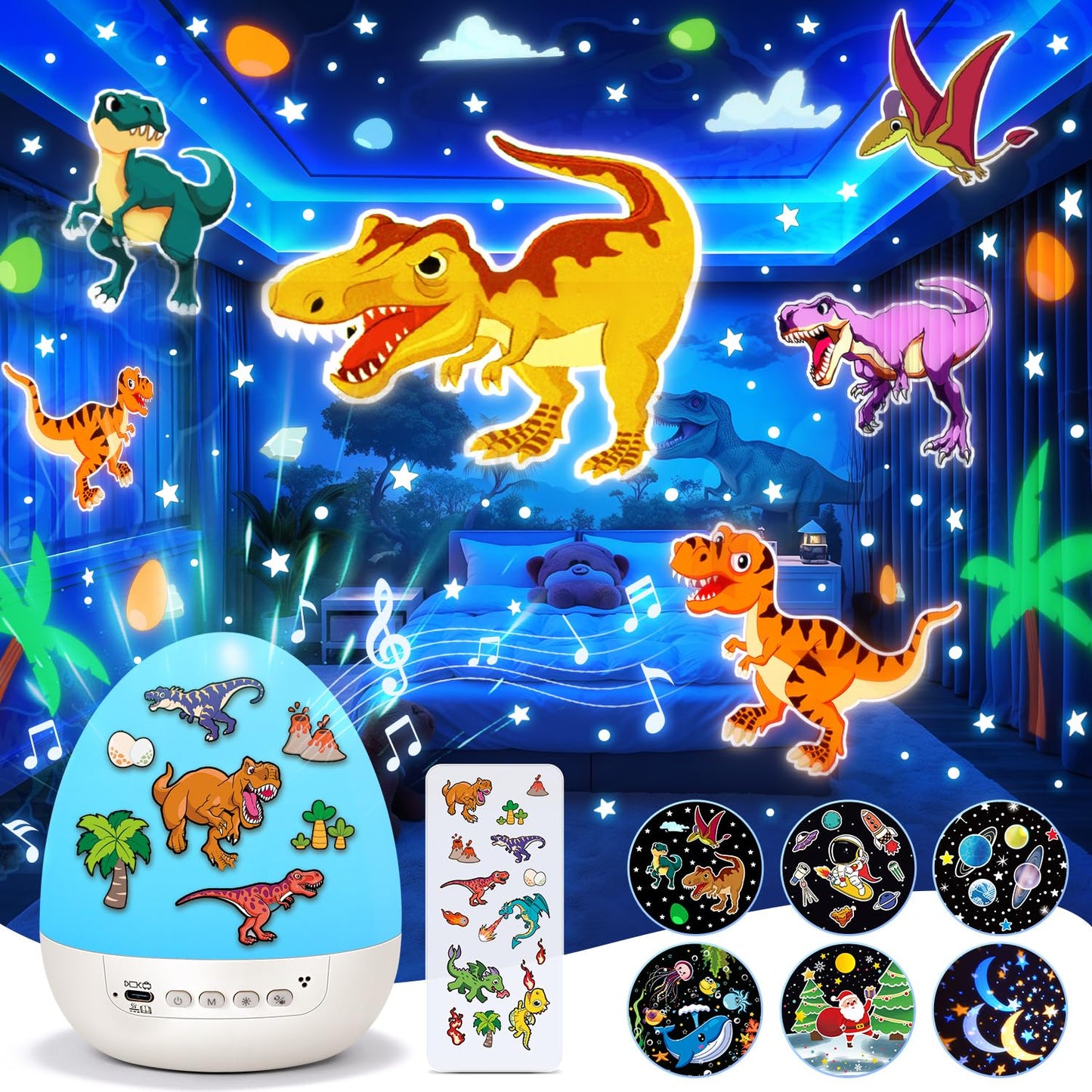 PIKOY Dinosaur Egg Light – 5-in-1 Star Projector, Sleep Sounds, 12 Slides, 7 Colors, 360° Rotation