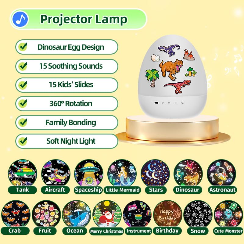 PIKOY Dinosaur Egg Light – 5-in-1 Star Projector, Sleep Sounds, 12 Slides, 7 Colors, 360° Rotation