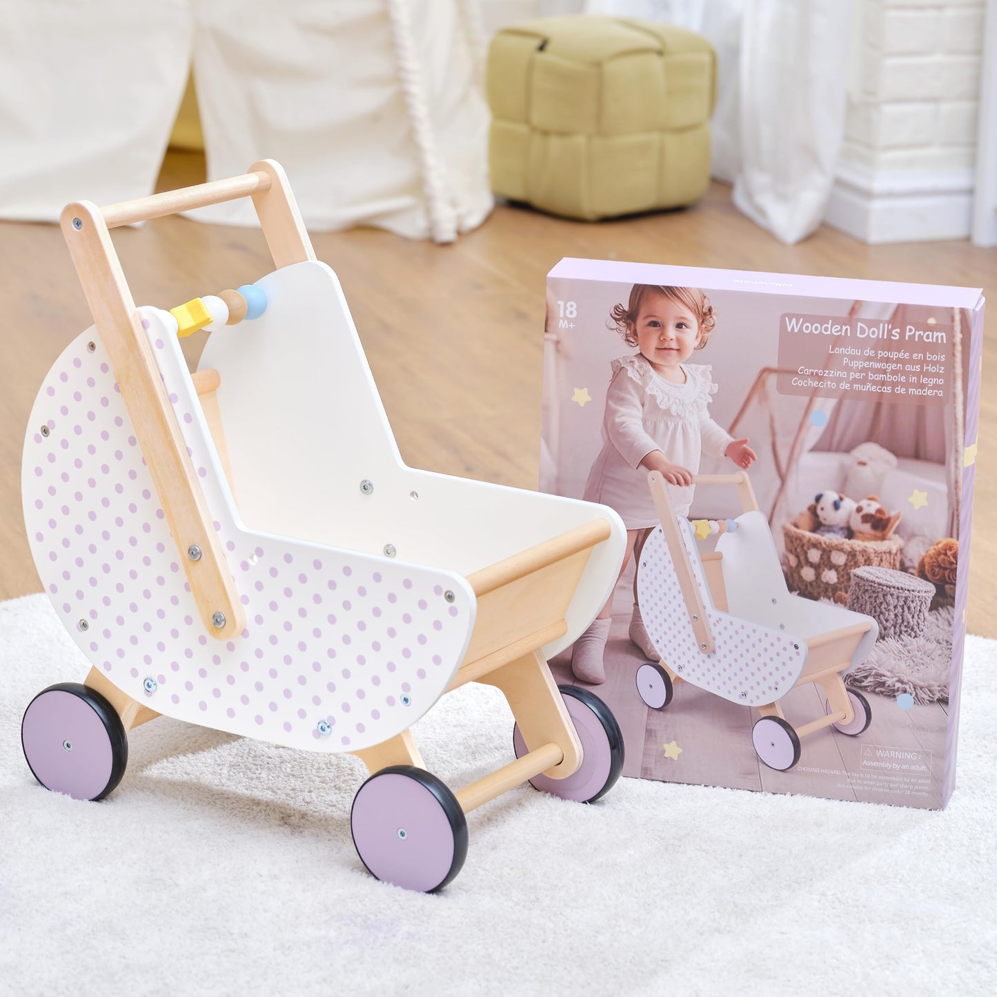 Pillowhale Wooden Baby Walker & Doll Stroller – Adjustable Handle, Anti-Tip, Quiet Wheels