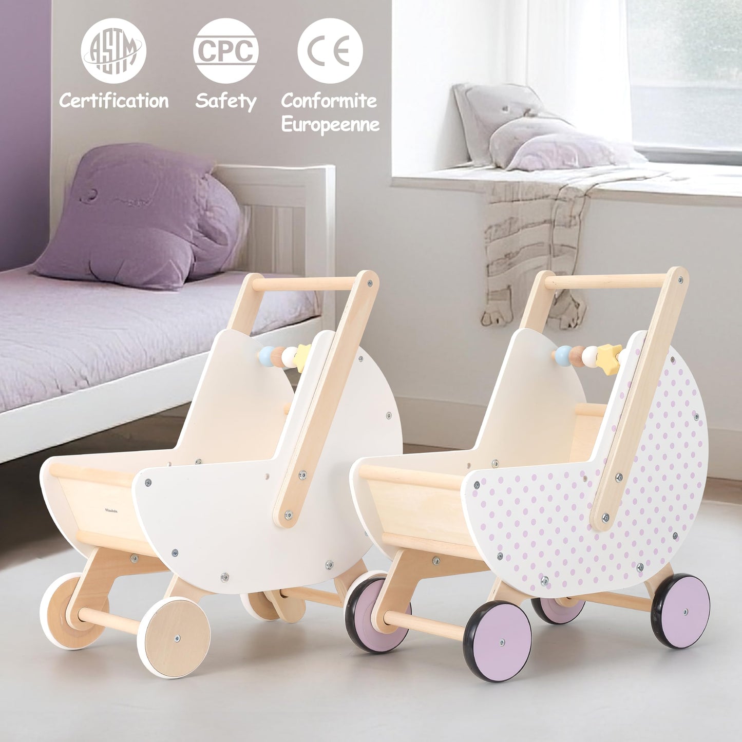Pillowhale Wooden Baby Walker & Doll Stroller – Adjustable Handle, Anti-Tip, Quiet Wheels