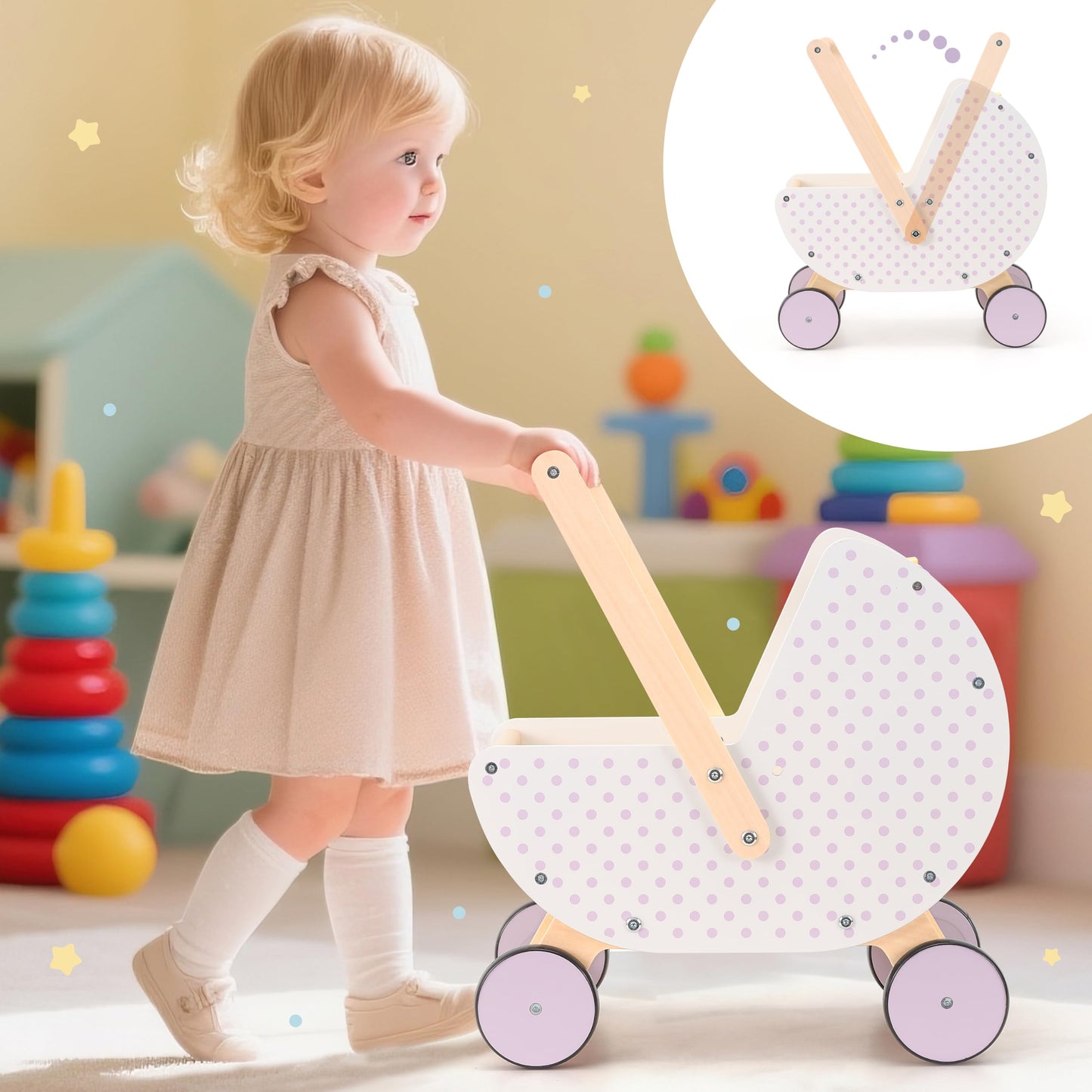 Pillowhale Wooden Baby Walker & Doll Stroller – Adjustable Handle, Anti-Tip, Quiet Wheels