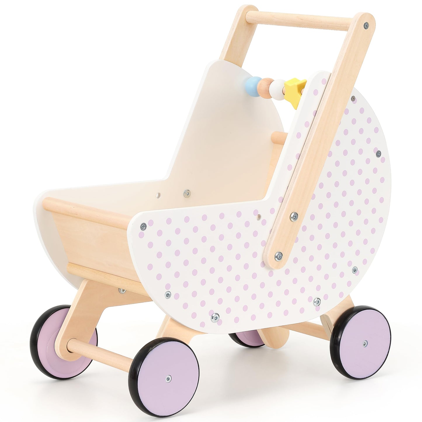 Pillowhale Wooden Baby Walker & Doll Stroller – Adjustable Handle, Anti-Tip, Quiet Wheels