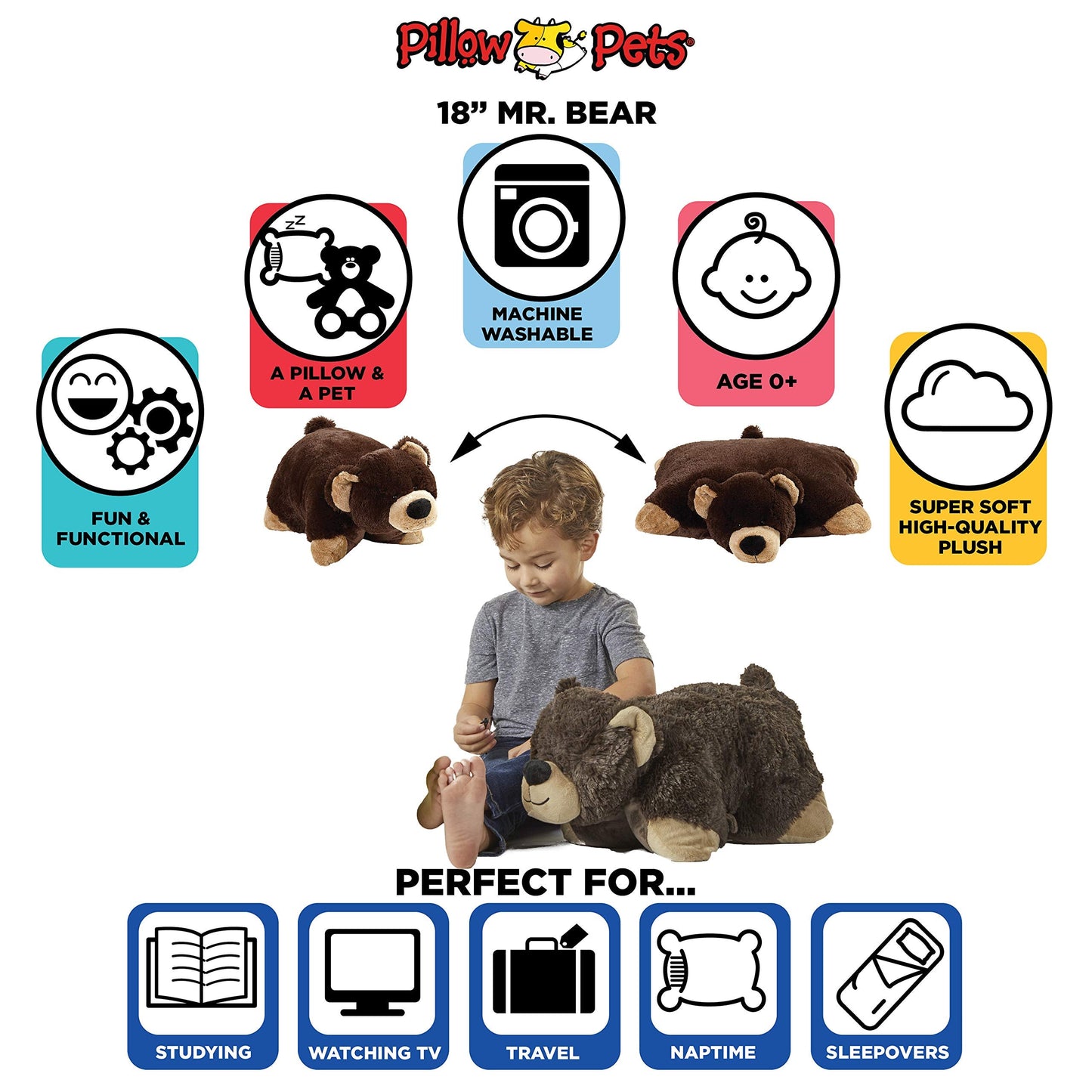 Pillow Pets Originals Mr. Bear 18-Inch Plush Pillow | Soft Chenille Toy and Pillow