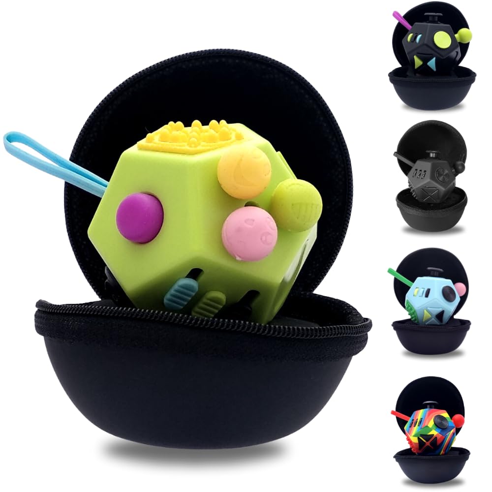 PILPOC theFube Fidget Cube – 12 Sides, Portable Anxiety Toy for Focus & Quiet Fidgeting (Green & Mix)