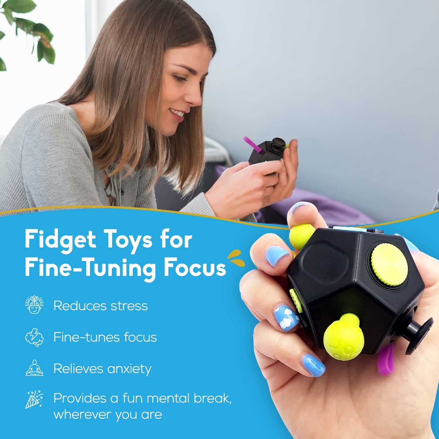 PILPOC theFube: 12-Sided Fidget Cube with Carry Case – Light Blue & Mix