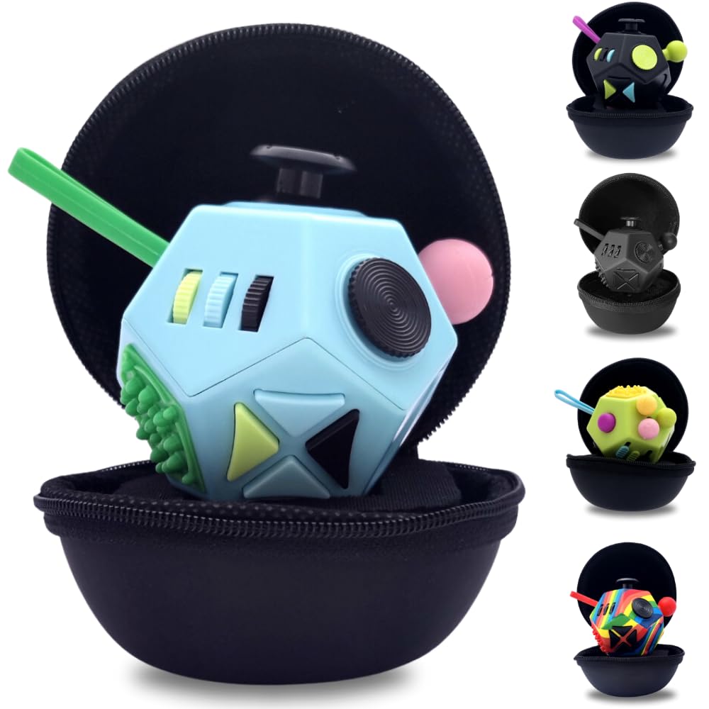 PILPOC theFube: 12-Sided Fidget Cube with Carry Case – Light Blue & Mix