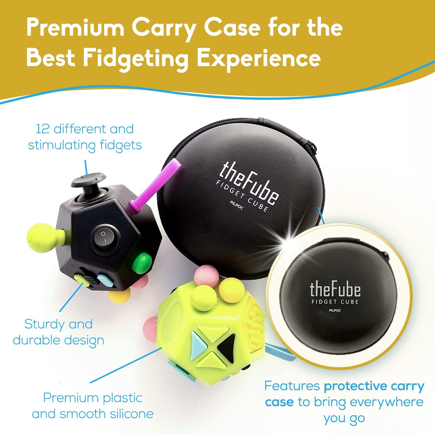 PILPOC theFube: 12-Sided Fidget Cube with Carry Case – Light Blue & Mix