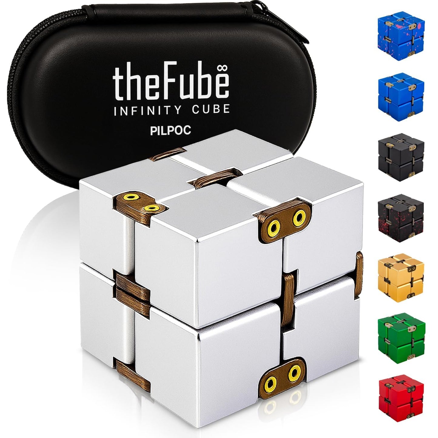 PILPOC theFube Infinity Cube — Aluminum Fidget Desk Toy with Case for Focus, Stress Relief, and Anxiety (Silver)