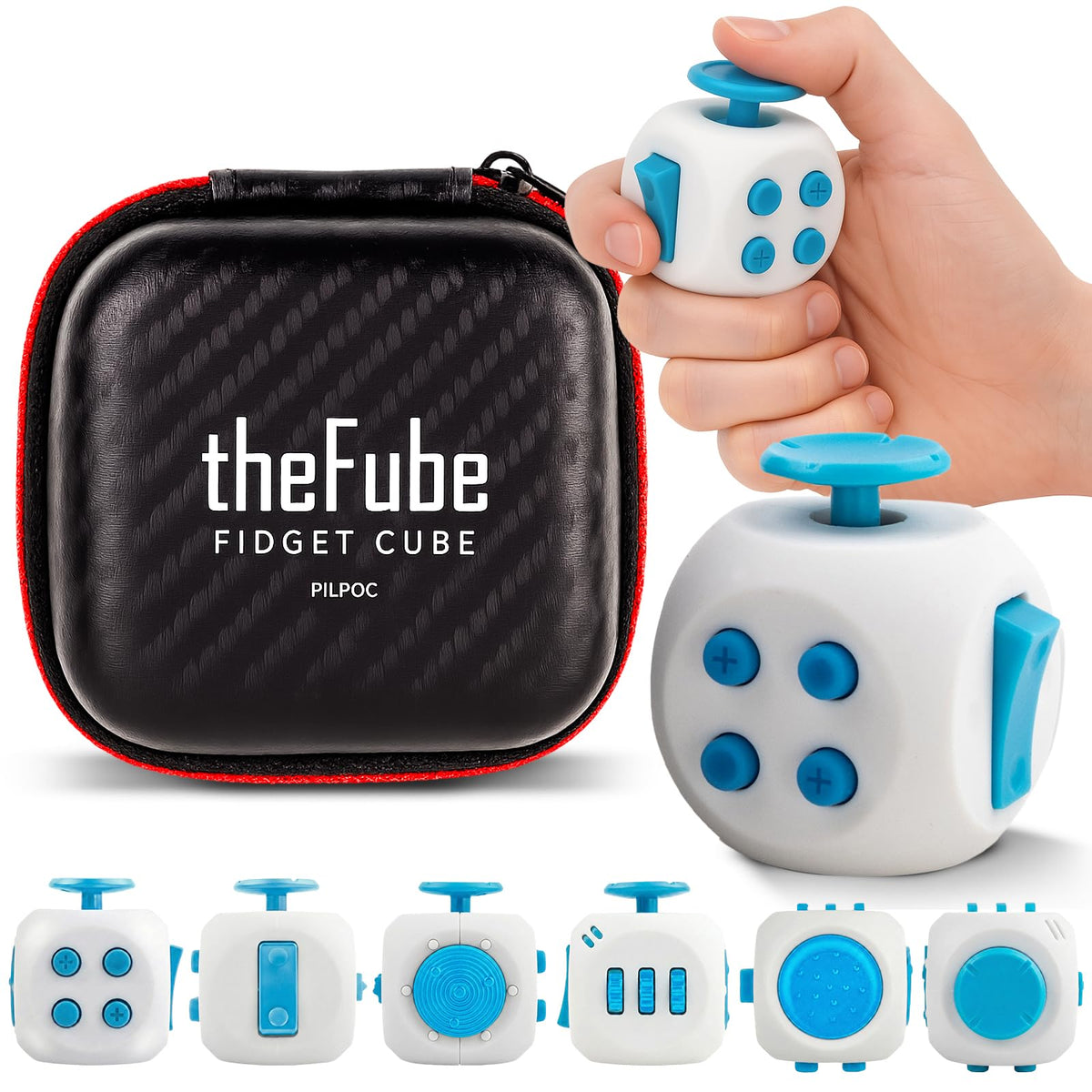 PILPOC theFube Fidget Cube | 6-Sided Stress Relief, Silent & Audible Modes, Carry Case (Pearl-Sapphire)