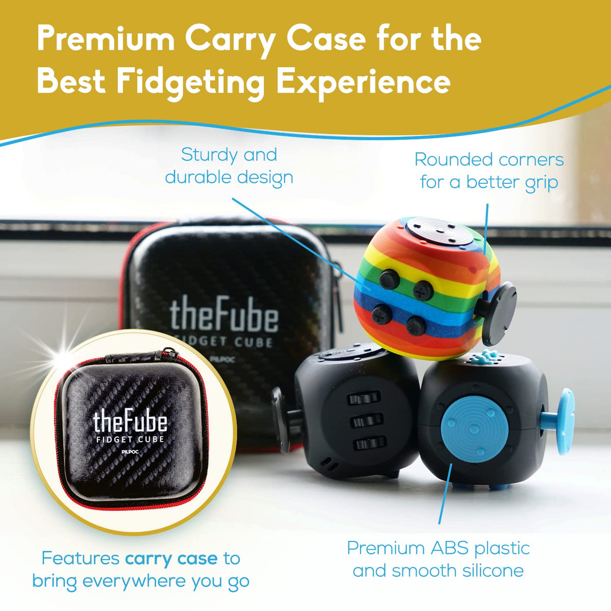 PILPOC theFube Fidget Cube | 6-Sided Stress Relief, Silent & Audible Modes, Carry Case (Pearl-Sapphire)