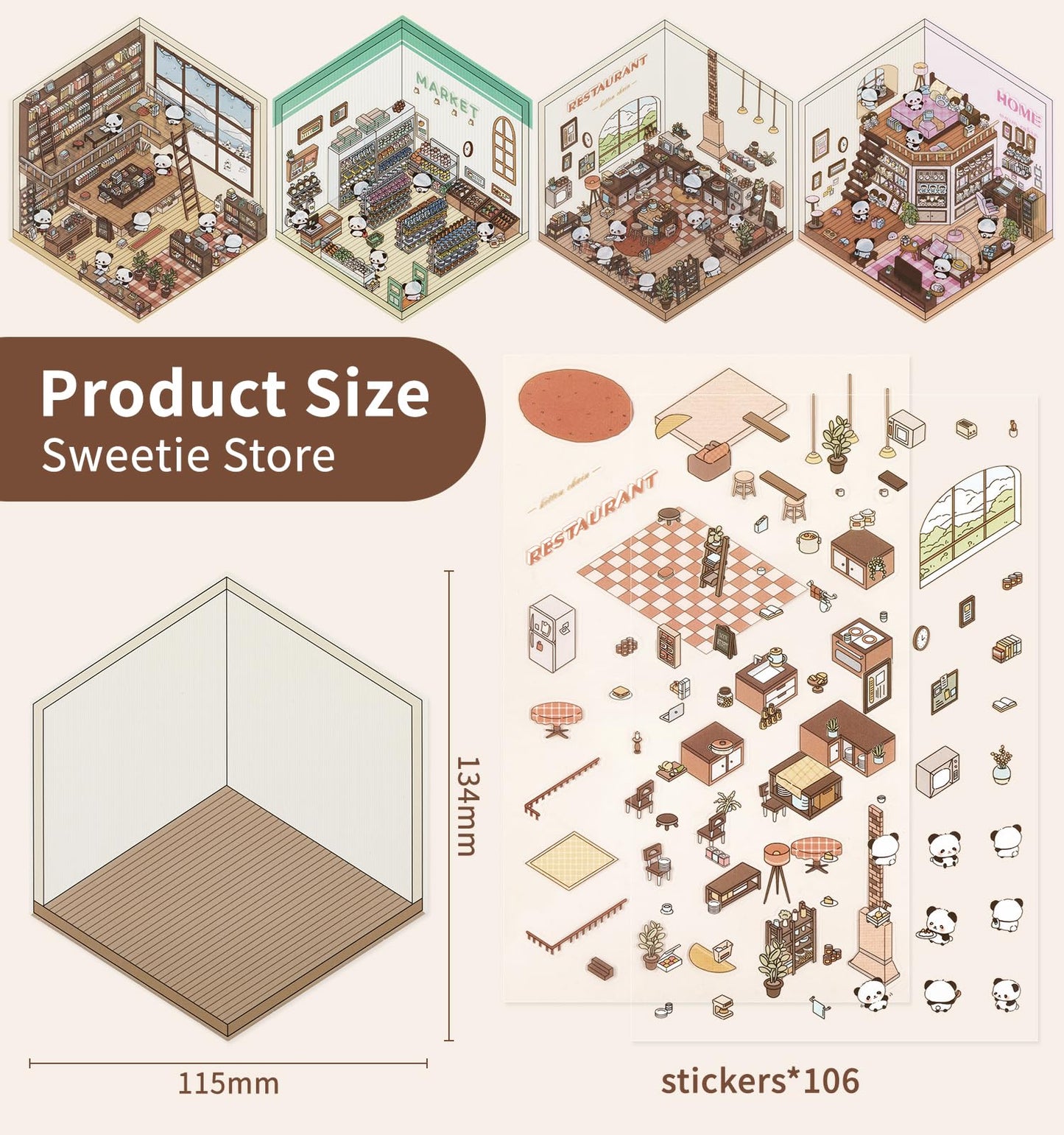 Pindda DIY 3D Sticker Scenes – 4 Sets of Reusable Mini House & Cute Scenes